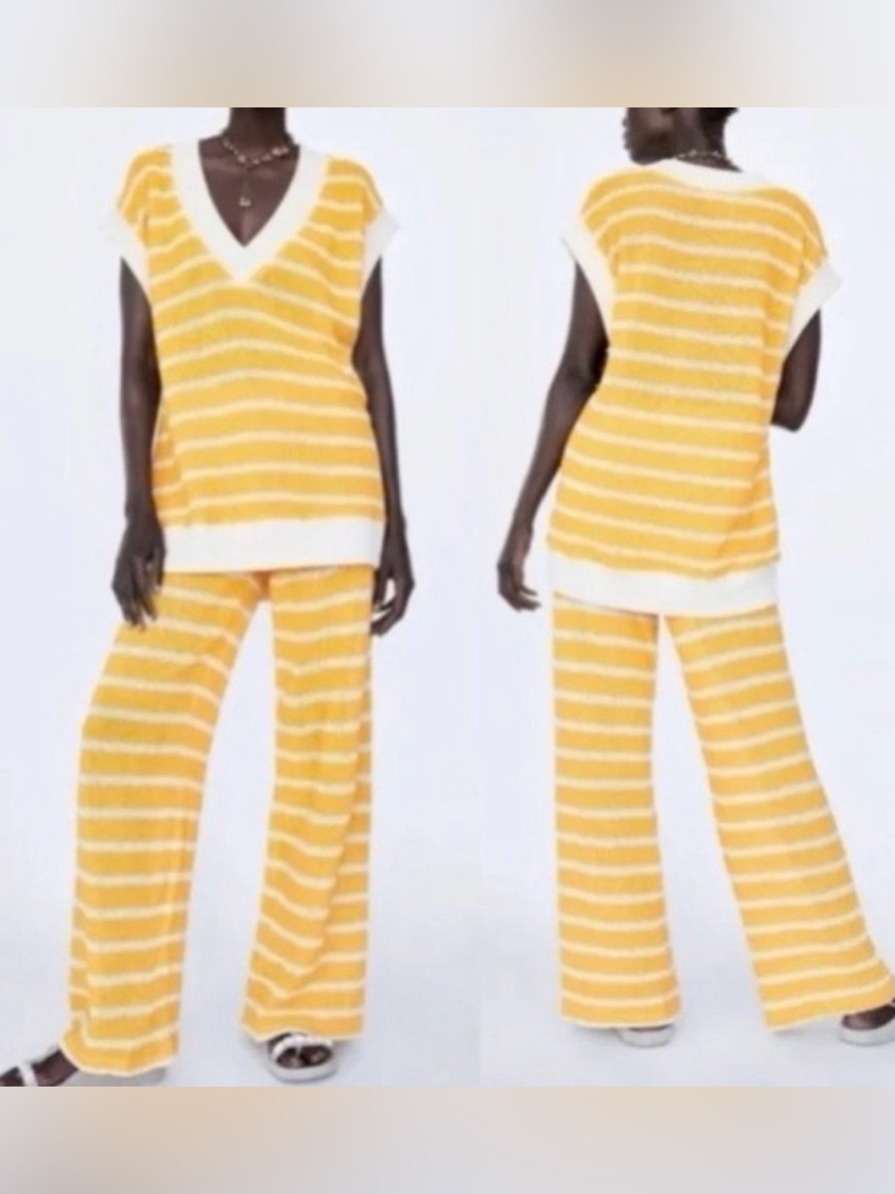 Zara Oversized V-Neck Striped Open-Knit Sweater Vest & Pant Set Small NWT